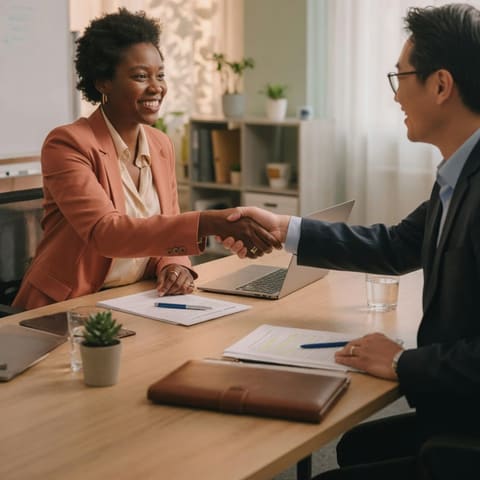 Two professionals shaking hands over a completed deal in a bright modern office