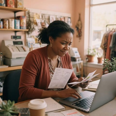 A small-business owner reviewing invoices and finances on a laptop at their shop counter